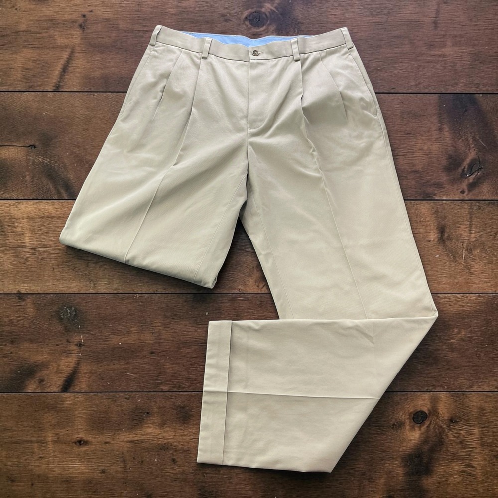 Brooks Brothers 346 Elliot Pleated Chinos Khaki Tan 35x32 Cotton Cuffed Pants